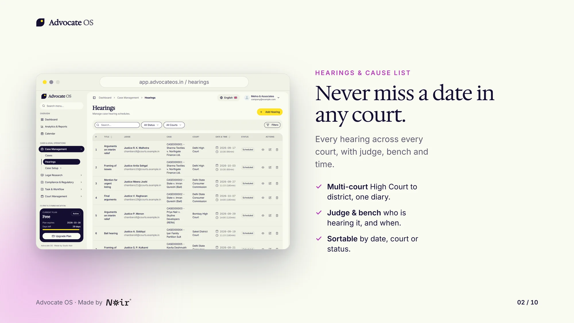 Advocate OS hearings and cause list with judge, court and date