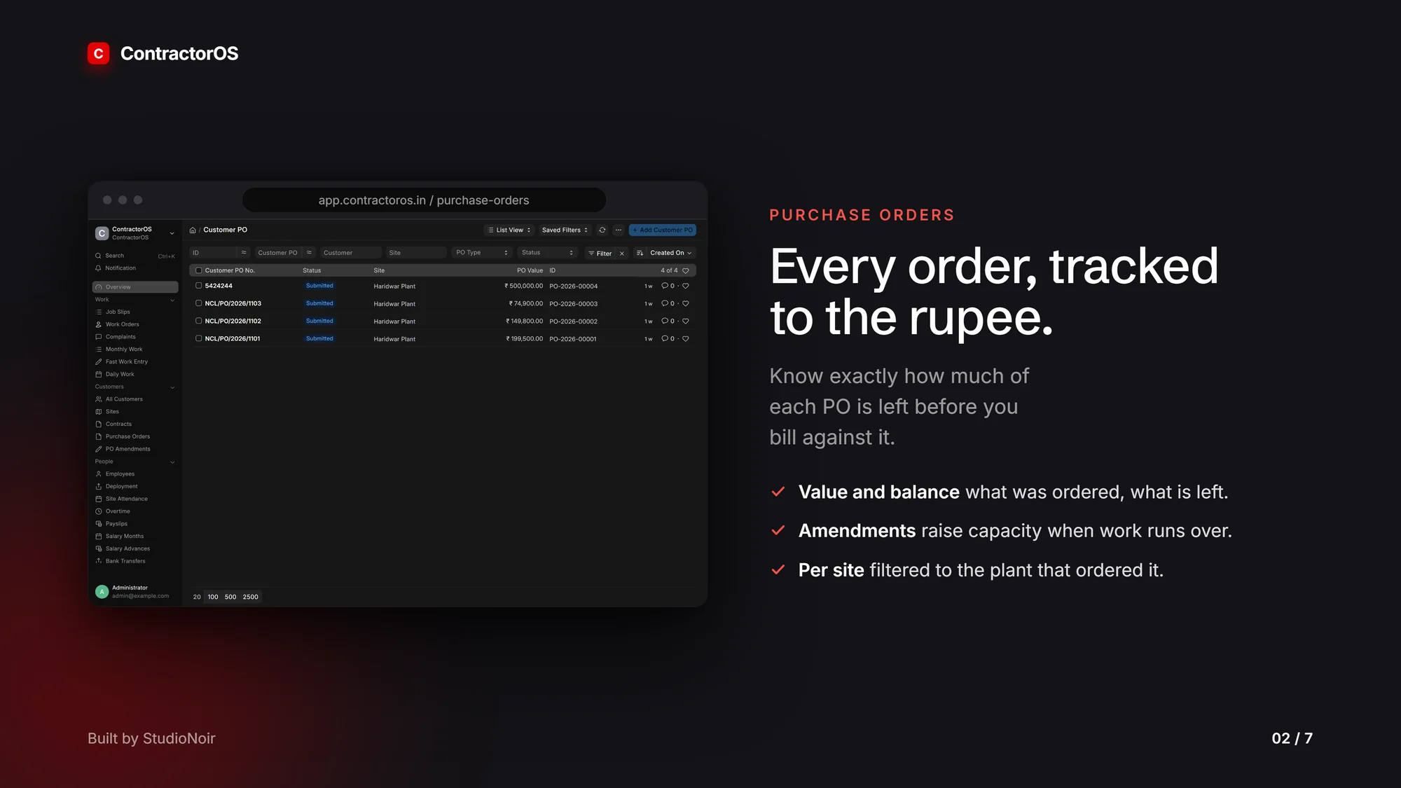 ContractorOS purchase orders screen