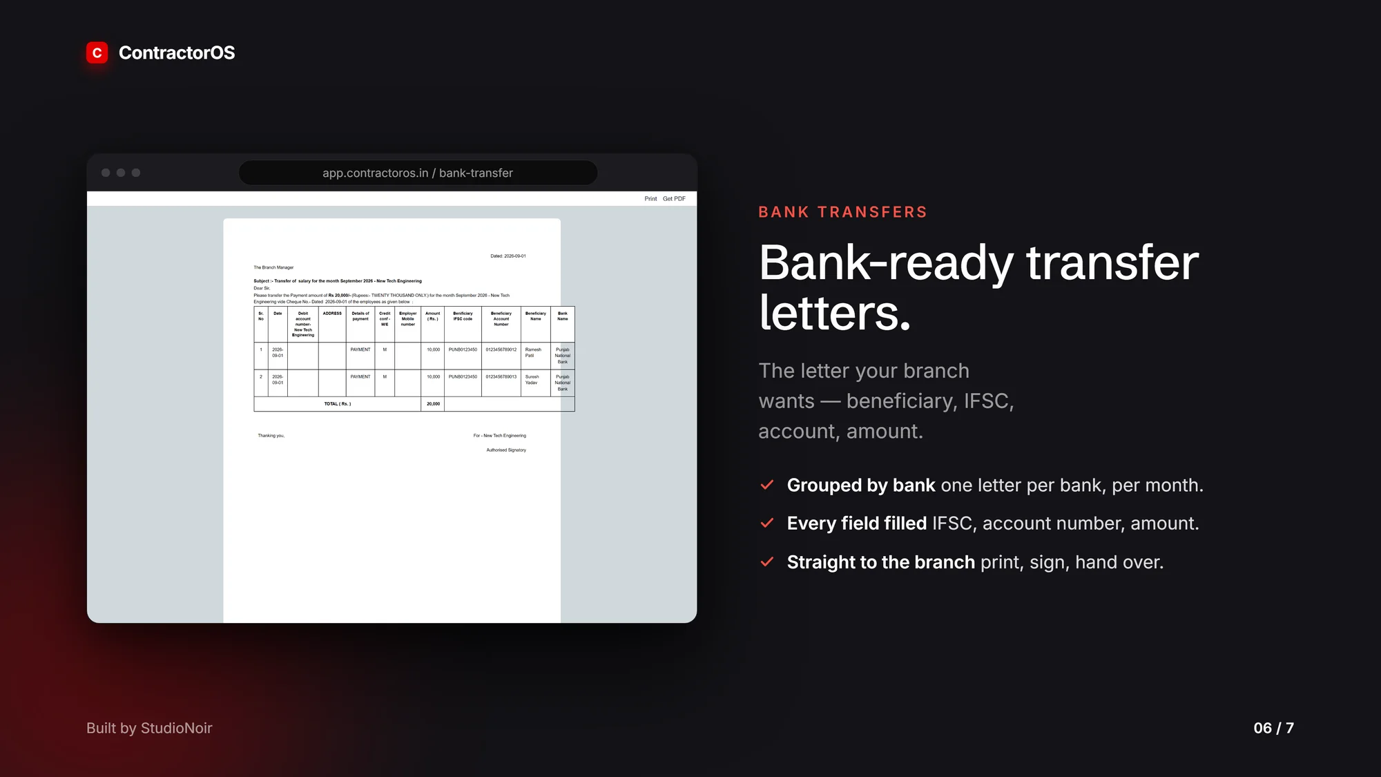 ContractorOS bank transfer letter
