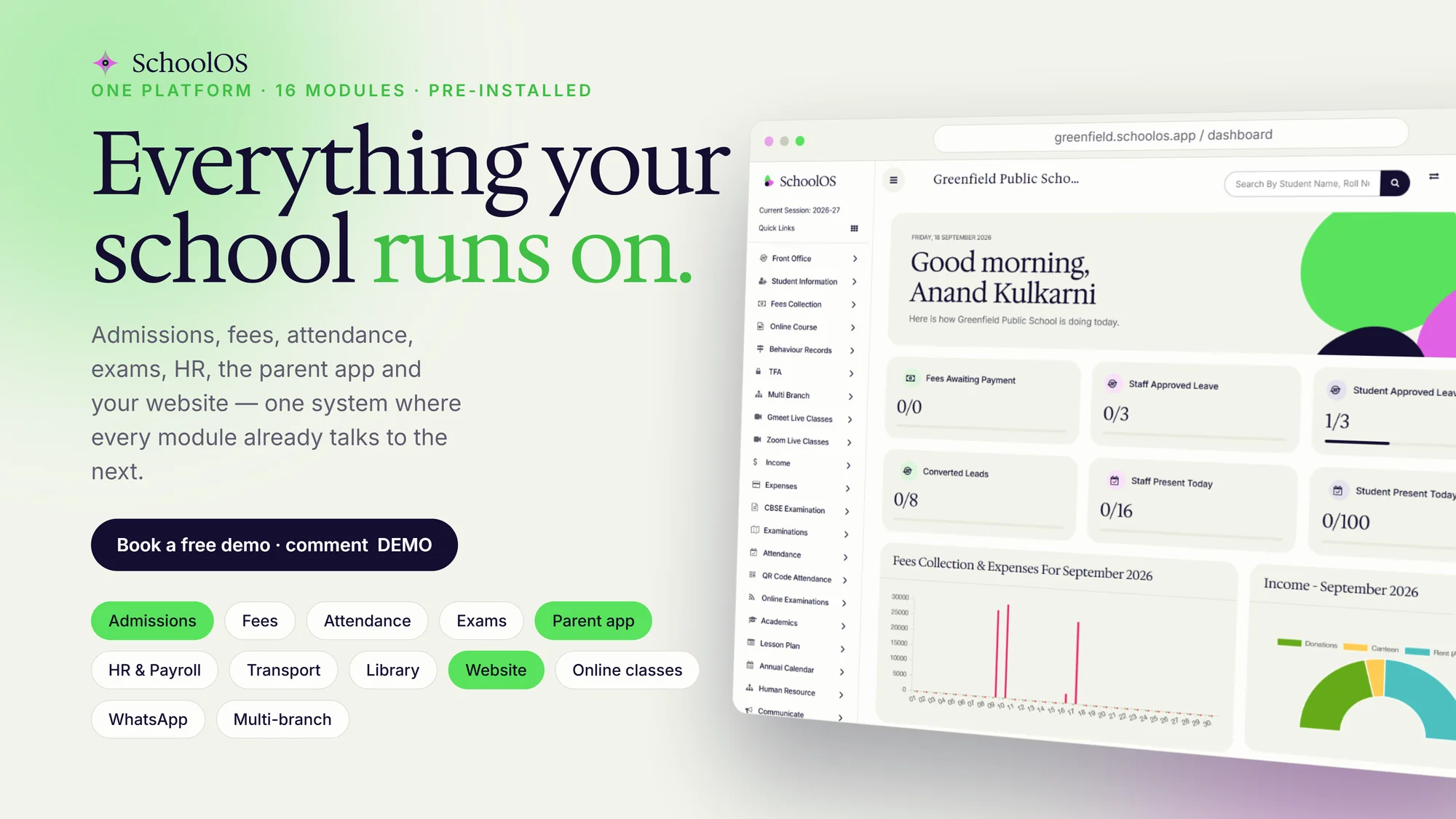 SchoolOS overview with dashboard and module list