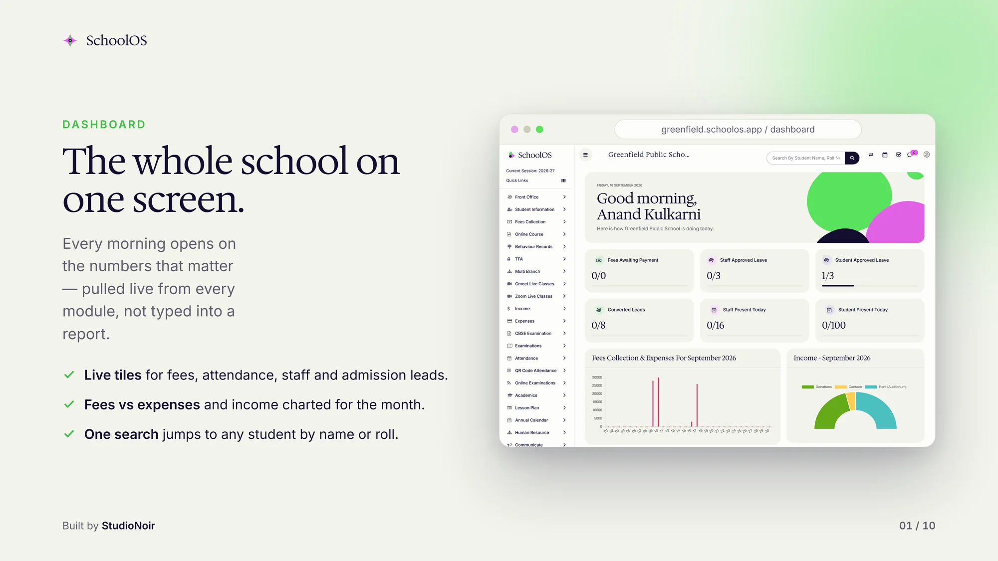 SchoolOS dashboard with fees, attendance and admission tiles