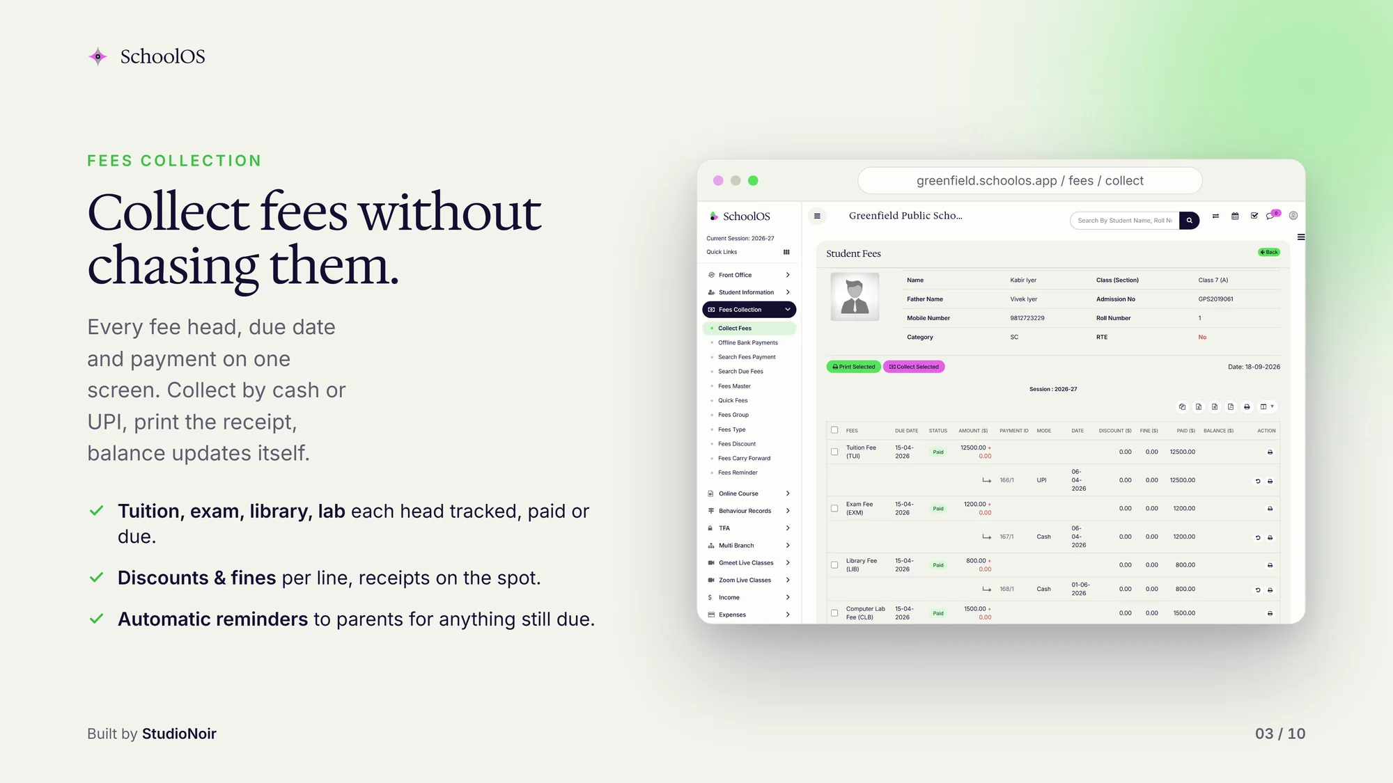 SchoolOS fees collection screen