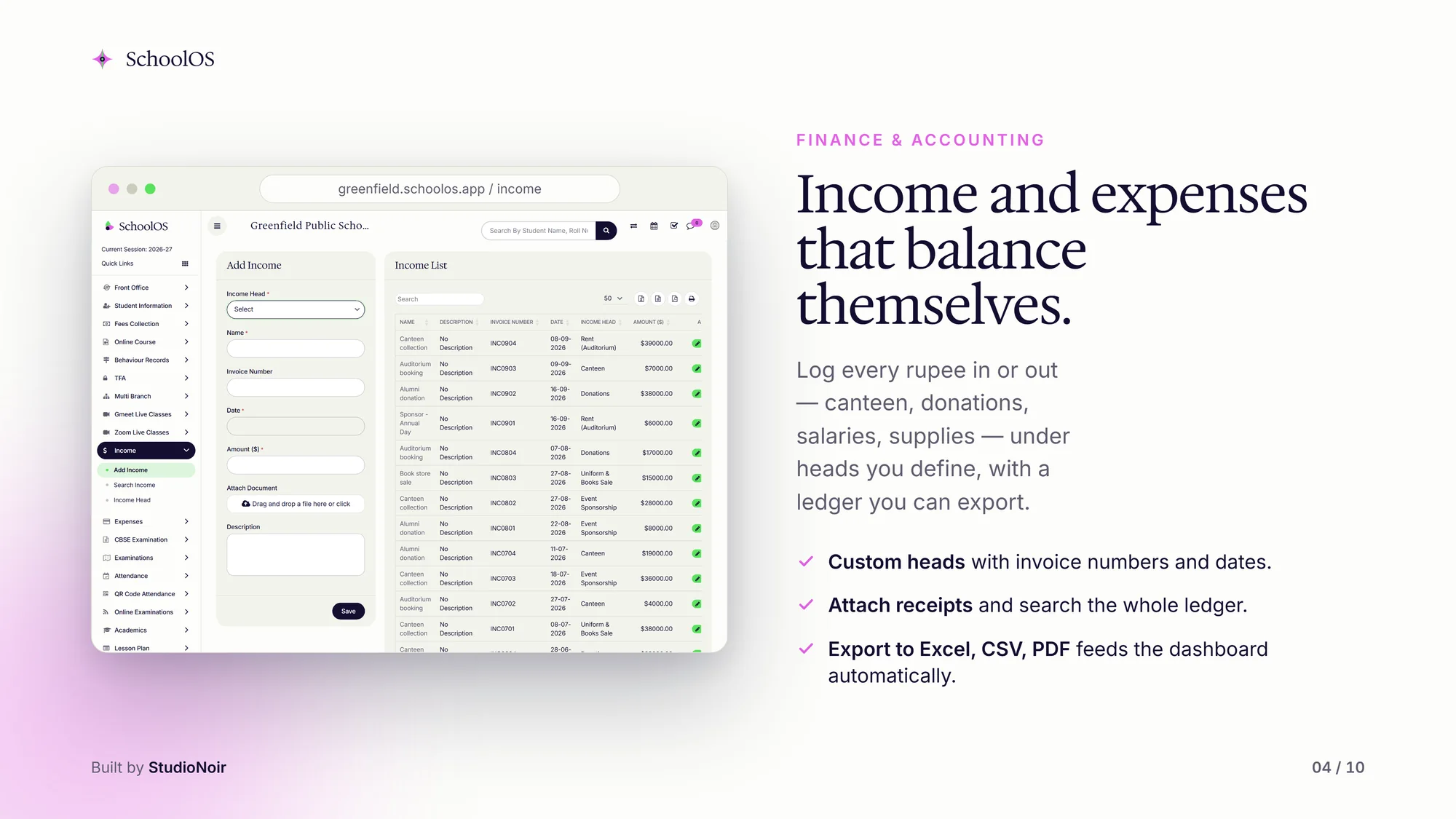 SchoolOS income and expense ledger