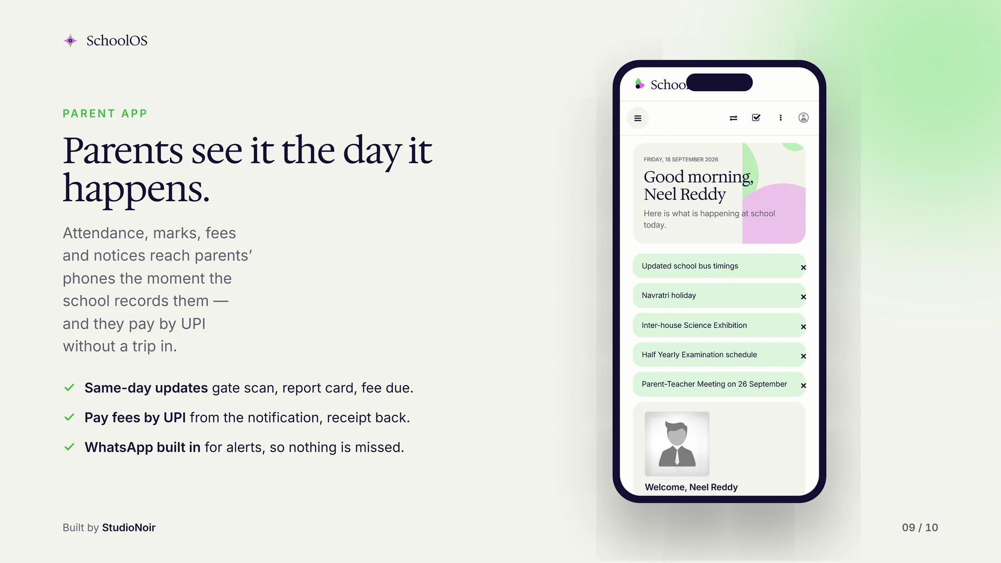 SchoolOS parent app on a phone